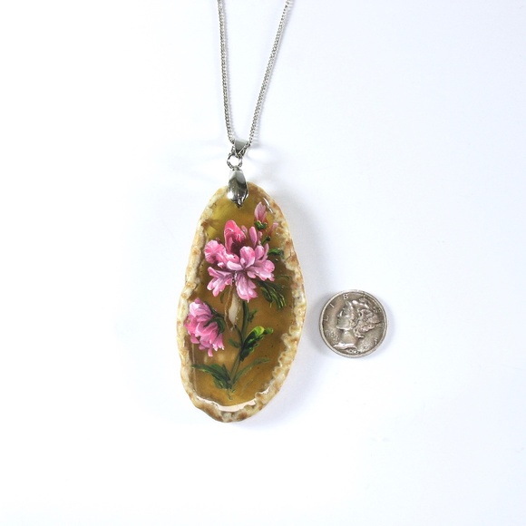 Agate Necklace, Hand-Painted Pendant, Floral - Picture 6 of 6